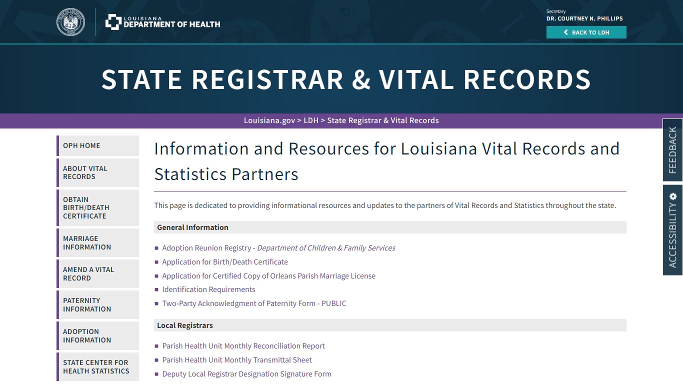 Vital Statistics Partners | La Dept. of Health