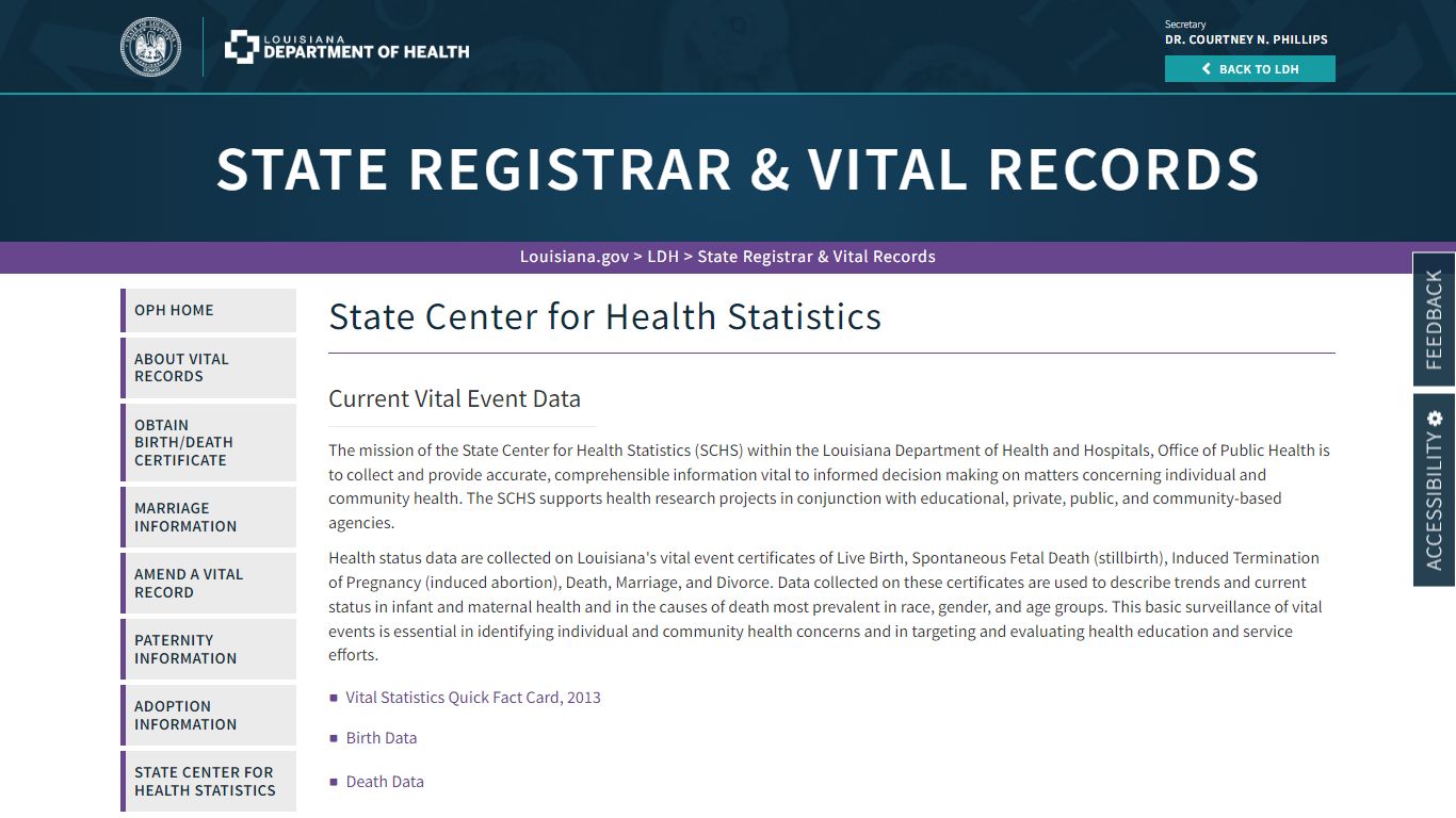 State Center for Health Statistics | La Dept. of Health